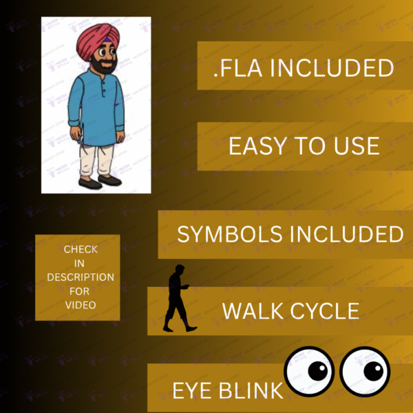 Animated Sardar Ji Vector Character | Traditional Indian Man with Turban | Walk Cycle & Eye Blink | .fla File - Image 2