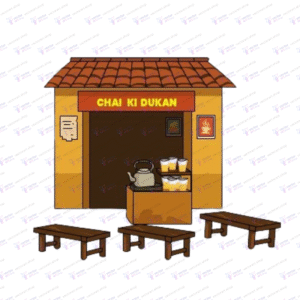 Cartoon vector art of an Indian tea shop (Chai Ki Dukan) with benches and a kettle, in flat design style.
