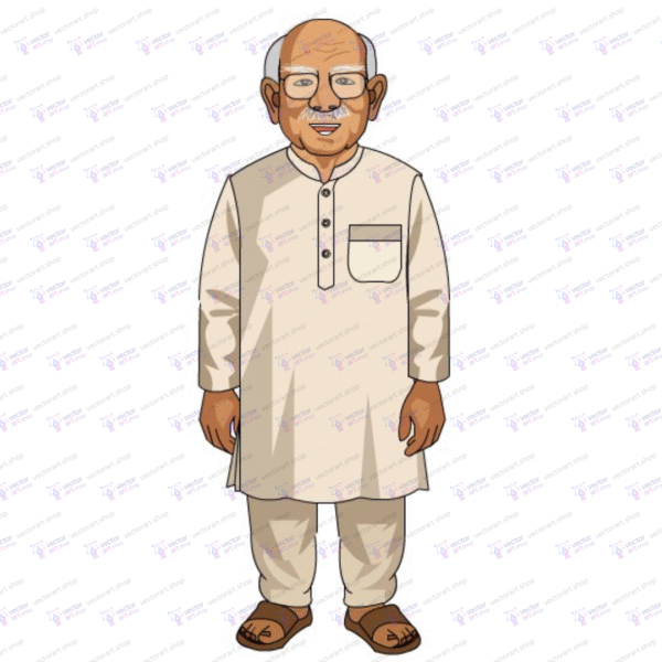 "Animated vector illustration of an elderly Indian man wearing a traditional kurta pajama with glasses and sandals, designed for use in Flash (.FLA) animations with eye blink feature."