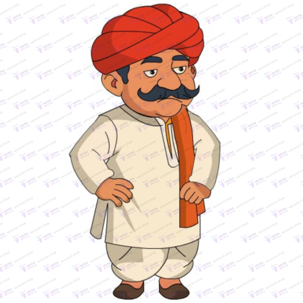 Traditional Indian village man cartoon character wearing a red turban – Editable FLA file