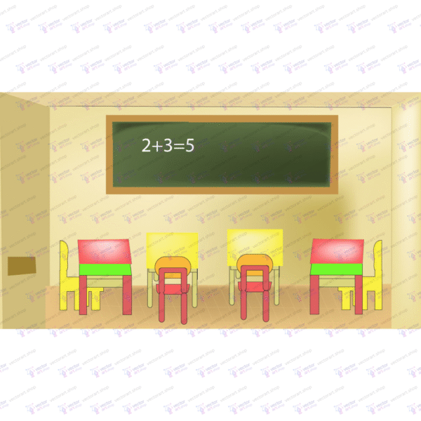 Vector illustration of a colorful classroom interior with chairs, desks, and a chalkboard showing a math equation – perfect for educational design use.