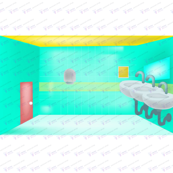 Cartoon-style washroom background with handwash basins, mirror, and tiled walls – ideal for kids’ animation or school restroom scenes.