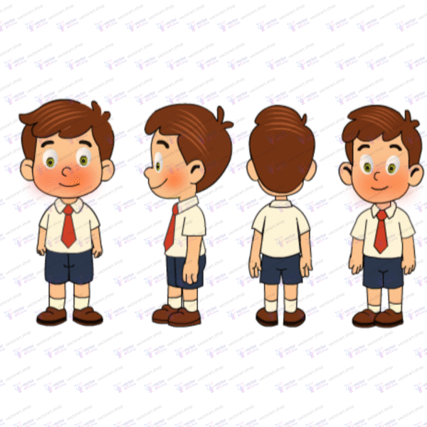 Cartoon school boy character model sheet with front, side, back, and ¾ poses – includes lip sync, eye blink, and hand poses in FLA format.