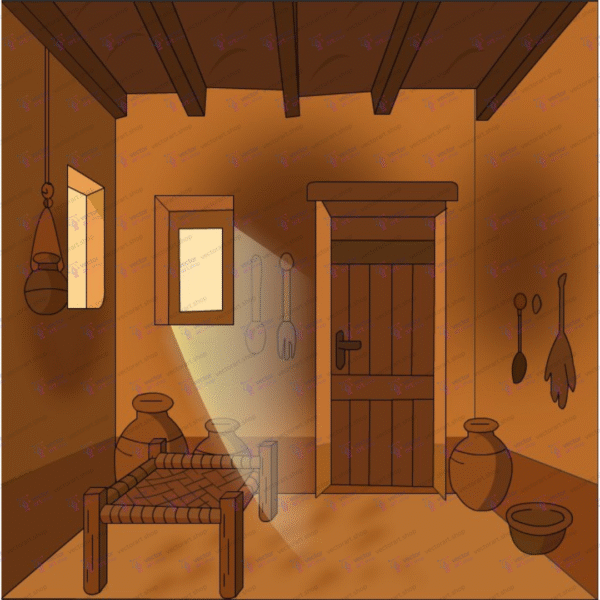Vector art of a village room background in .FLA format with sunlight, traditional utensils, and a cot