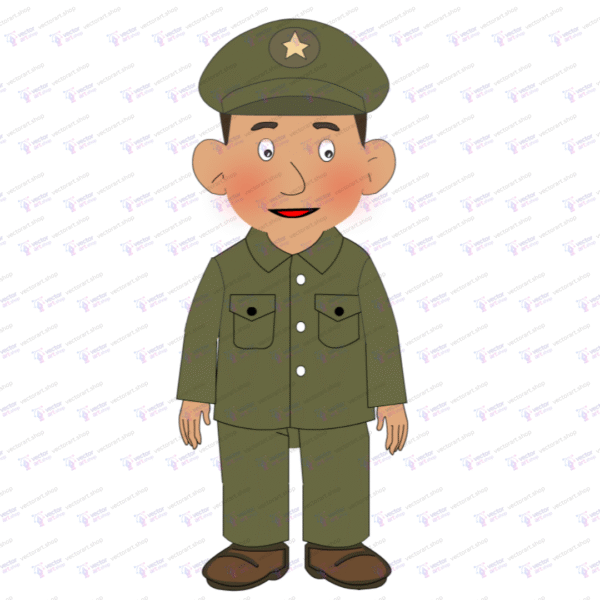 Cartoon army man character in green uniform with animation features including eye blink, lip sync, hand poses, and custom layers.